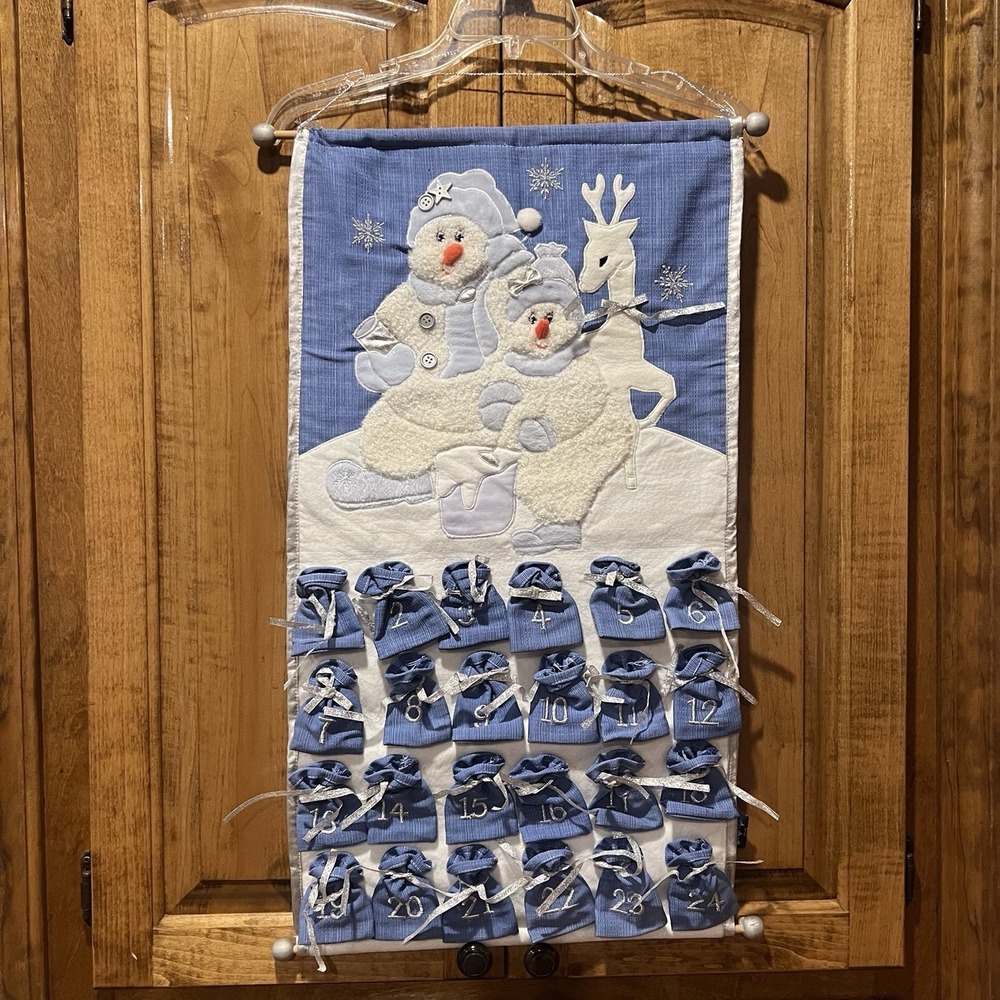 Vtg Advent Calendar Snow Buddies Christmas Cloth Banner Countdown Pocket Snowman